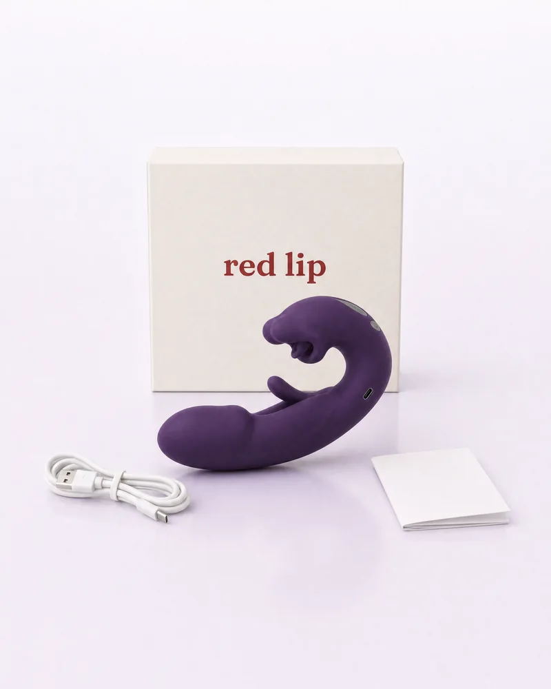 Red Lip med förpackning, USB-laddkabel och bruksanvisning